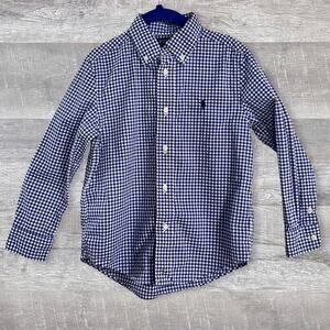 POLO Ralph Lauren Gingham Plaid Long Sleeve Button Up Boys 5 Blue White Cotton